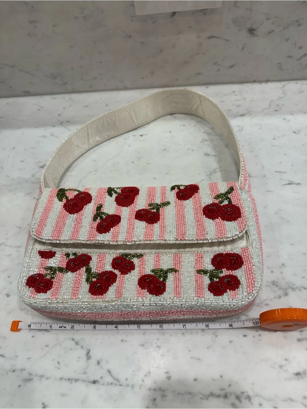 🍒Handcrafted in India Viral Beaded Cherry Shoulder Bag Cherries Pink Striped - Picture 3 of 13